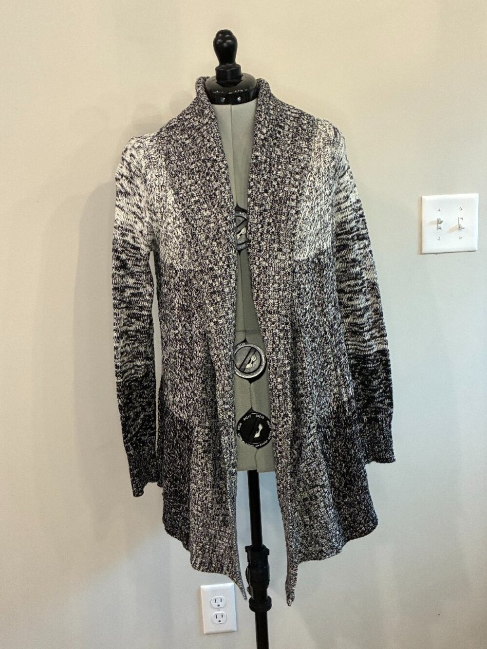 Charter Club Black Ivory Marled Open Front Cardigan Sweater Duster 0365